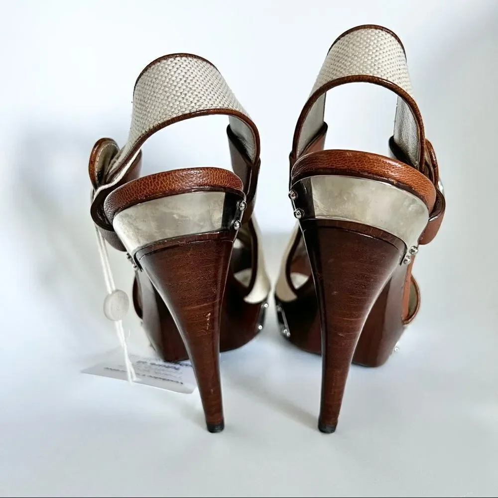 NEW Dolce & Gabbana Canvas Wooden Platform Open Toe Slingback EU 37 MSRP $795